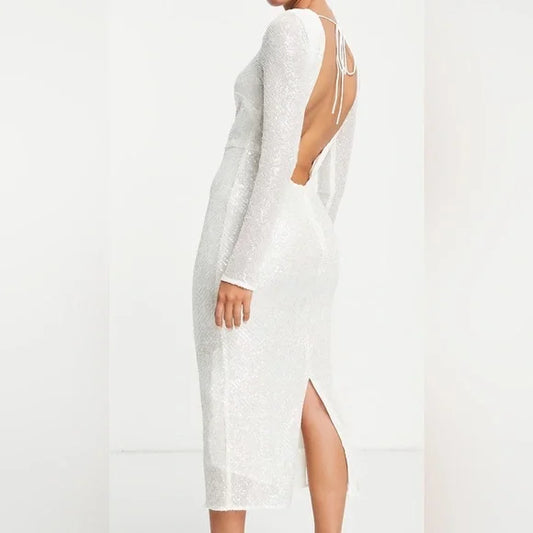 ASOS DESIGN white embellished sequin pencil midi dress