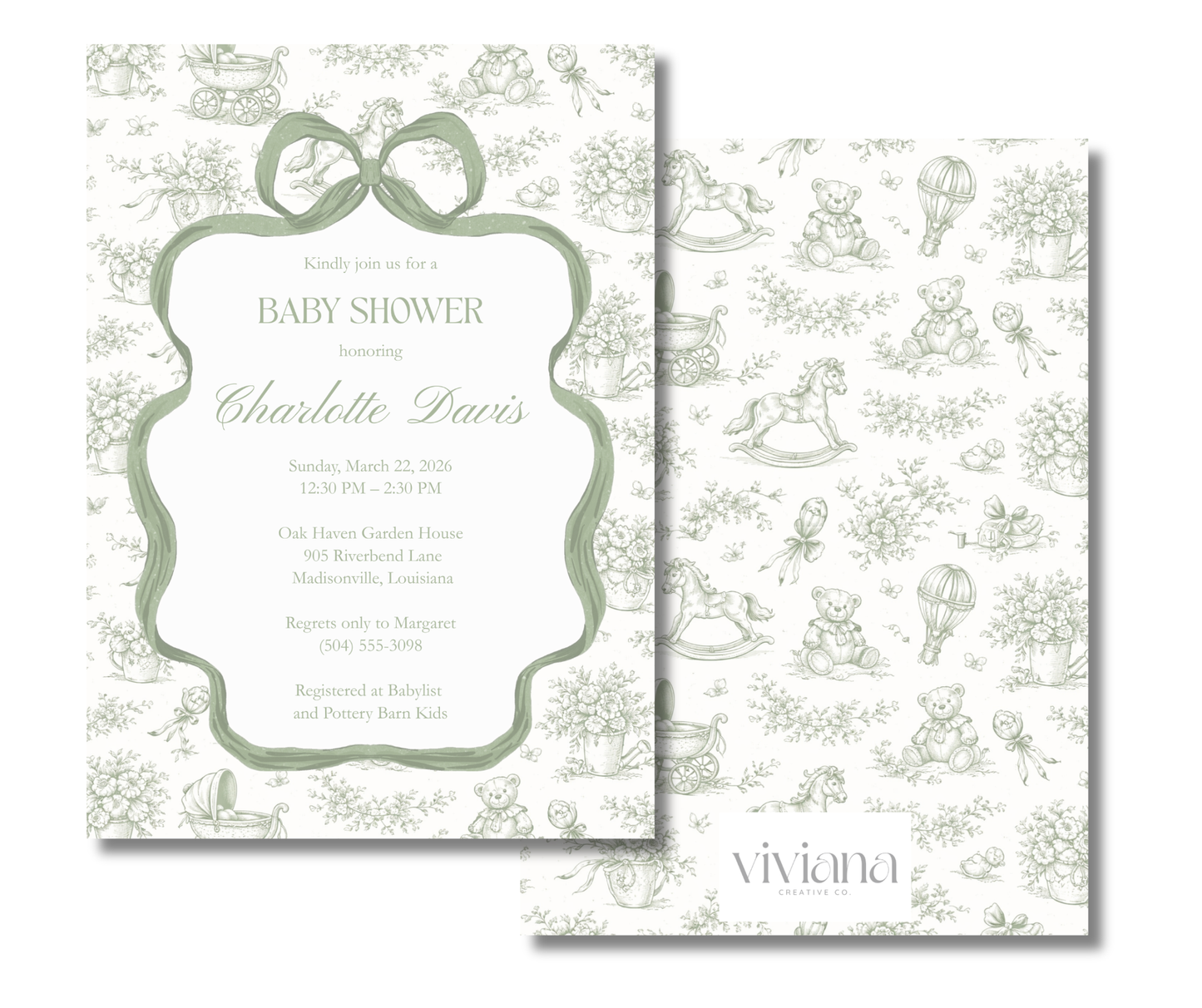 Sage Bow Heirloom Toile Baby Shower Invitation