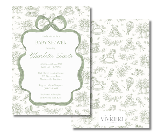 Sage Bow Heirloom Toile Baby Shower Invitation