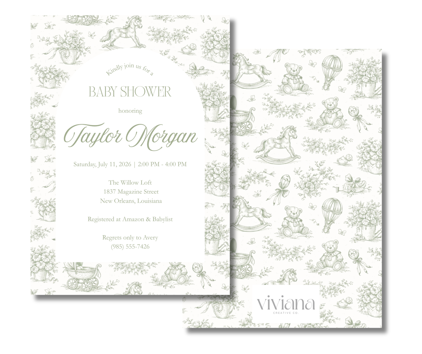 Sage Heirloom Garden Toile Baby Shower Invitation