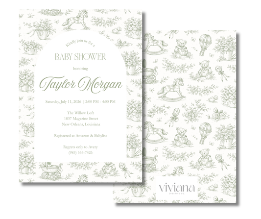 Sage Heirloom Garden Toile Baby Shower Invitation